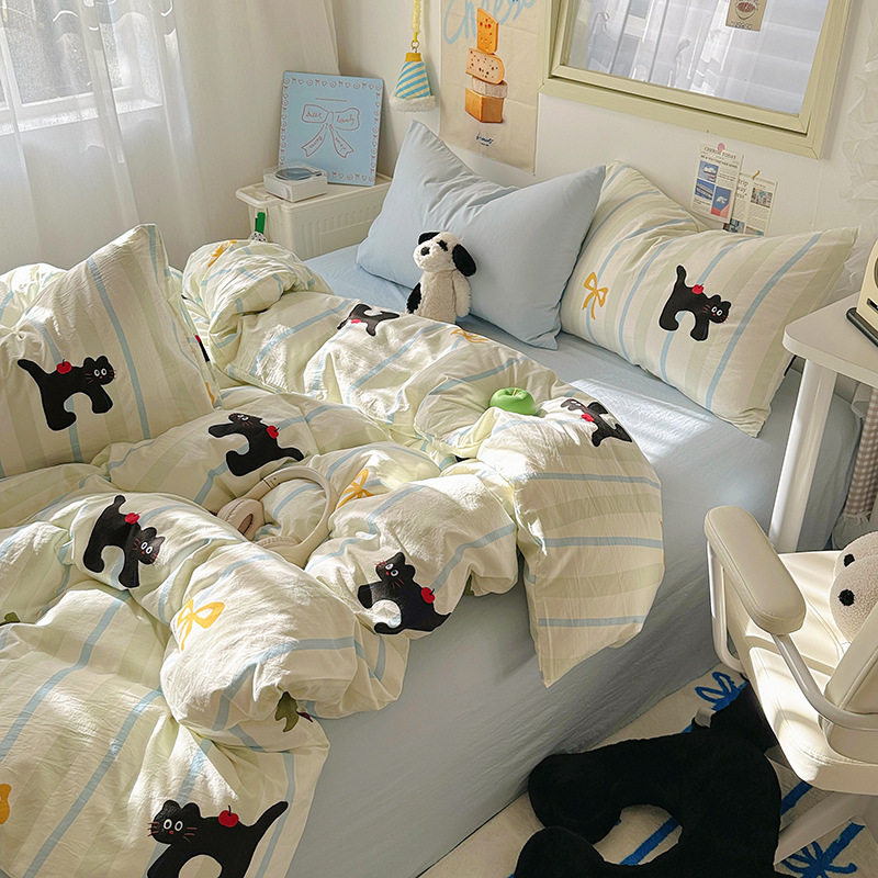 Class A Mother and Child Water Wash Cotton Four-Piece Set ins Cream Style Pure Cotton Fresh Bed Cover Bed Sheet Quilt Cover Bedding