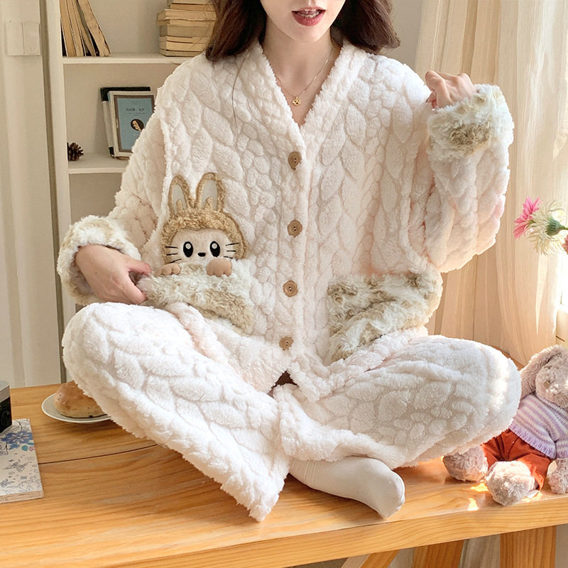 Coral Fleece Maternity Pajamas for Winter Nursing Postpartum, Spring and Autumn Style, Thickened Maternity Loungewear for Winter