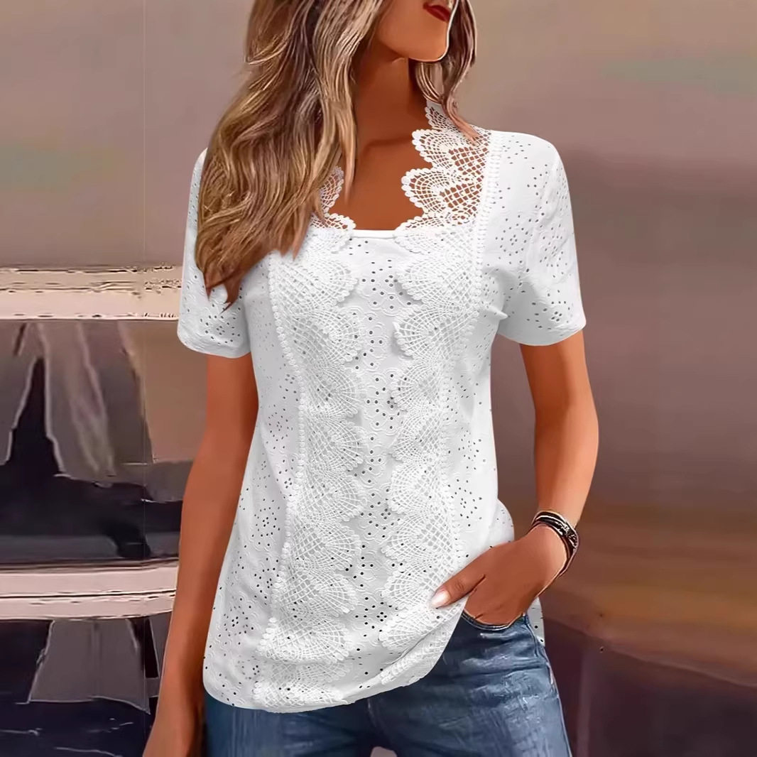 Lace Trim Short Sleeve T Shirt Solid Color Fashionable Versatile Womens Casual Wear Wholesale Available