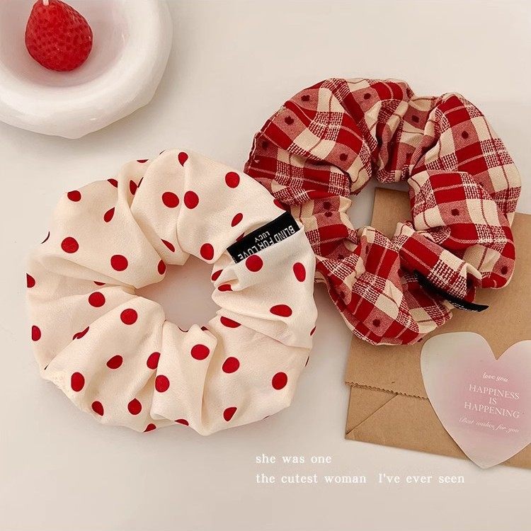 Red wave dot large intestine hair ring female ball head tie hair rope low ponytail rubber band 2024 new headwear autumn and winter