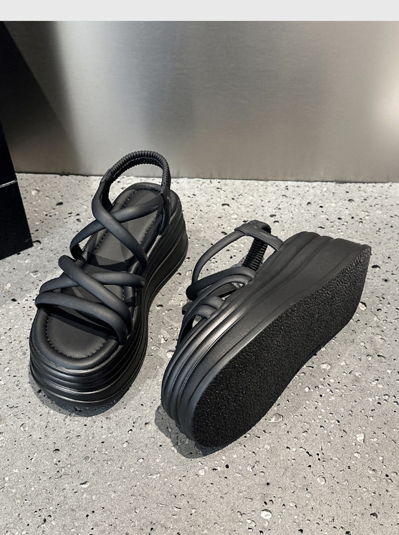 Sandal xỏ ngón nữ đế bệt chống trượt mùa hè — Đen, Len nguyên chất chi tiết 14