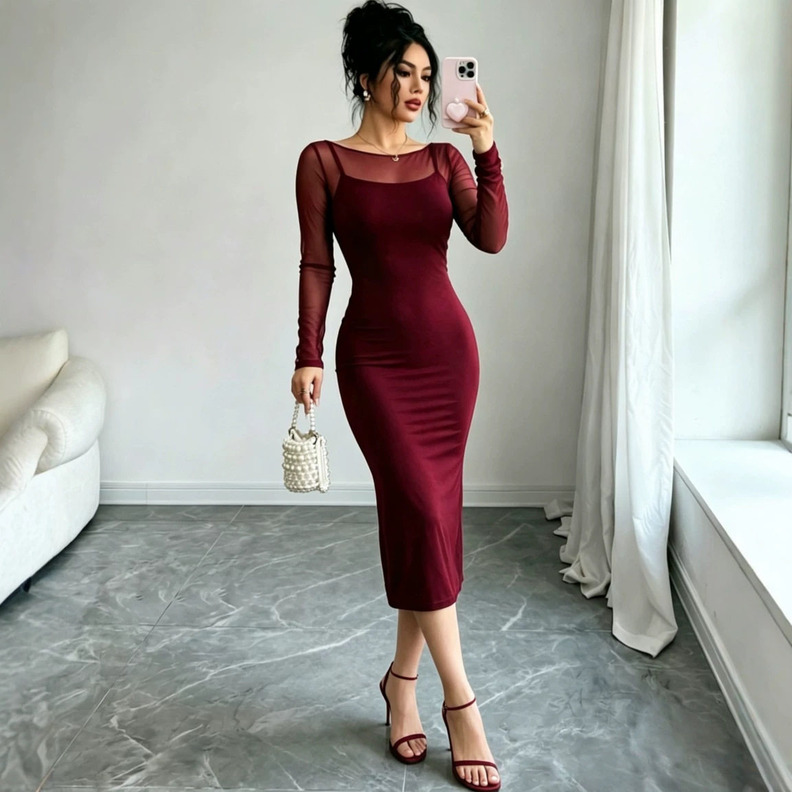 Two Piece Dress Set Off Shoulder Long Sleeve Mesh Overlay Bodycon Midi Skirt Casual or Party Wear Wholesale