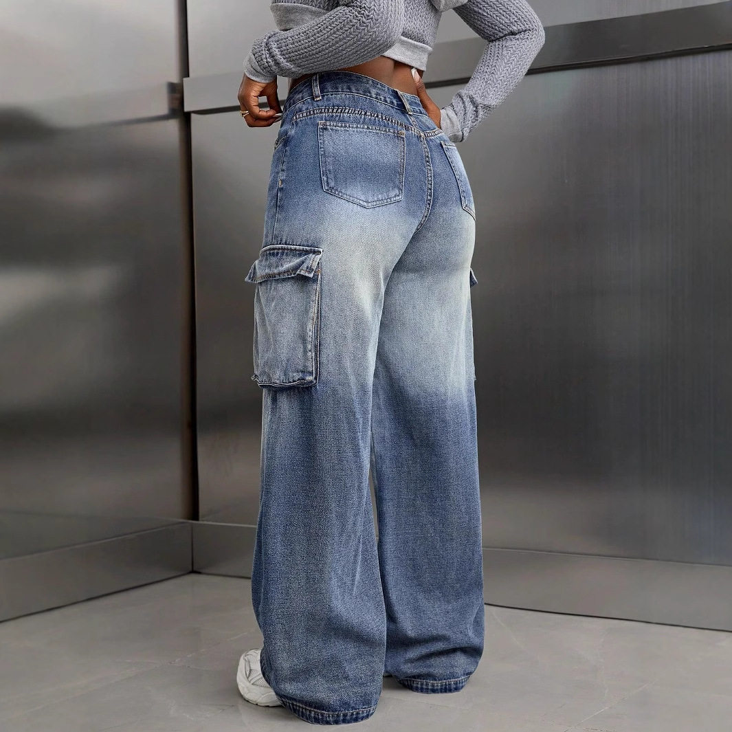 Loose Fit Wide Leg Denim Work Pants Multi Pocket Design Casual Everyday Wear Ready to Ship wholesale