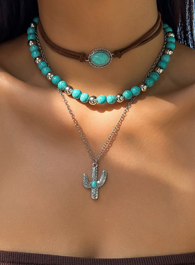 欧美跨境饰品复古仿松石锁骨链小众串珠项链套装民族风仙人掌项饰