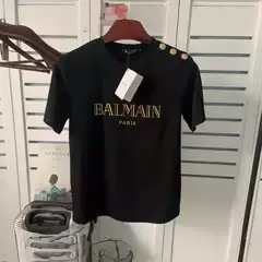 2025ss spring and summer new Balmain balmain short sleeve shoulder gold buckle bronzing letters cotton T-shirt lovers