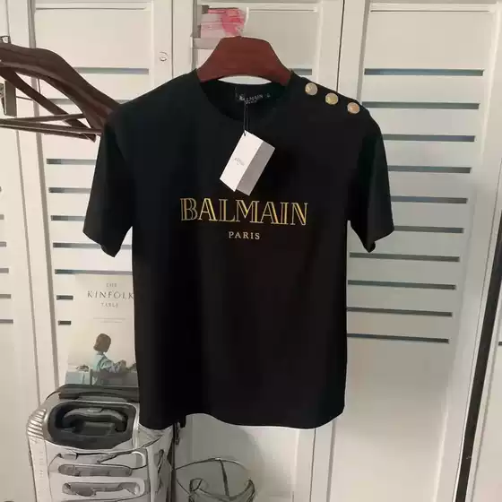 2025ss spring and summer new Balmain balmain short sleeve shoulder gold buckle bronzing letters cotton T-shirt lovers