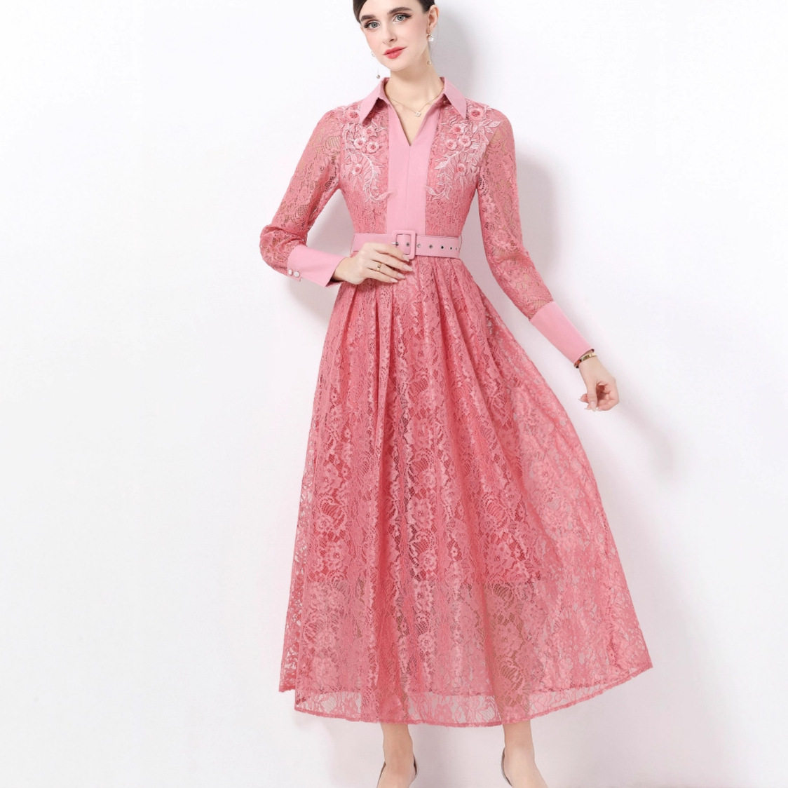 French Style Long Sleeve Dress Exquisite Beaded Sequin Embellishments Lace Flared Hem Elegant Evening Gown Custom