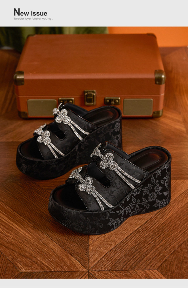 Sandal nữ quai chữ V đế TPU mềm mại, phong cách Trung Hoa thêu hoa — Len tinh khiết, Xanh lá, Đen chi tiết 14