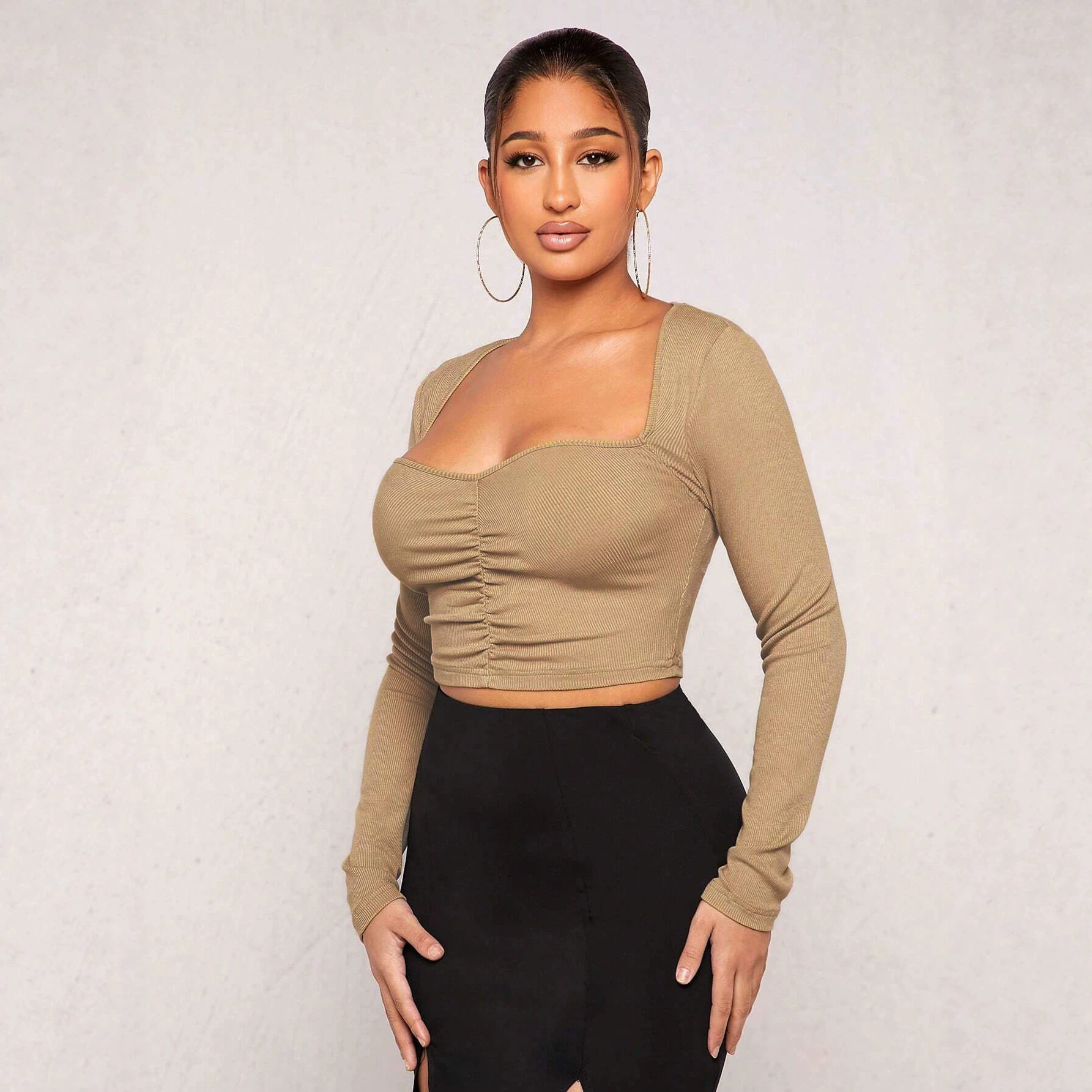 Vintage Square Neck Long Sleeve T Shirt Slim Fit Pleated Design Knitted Fabric Casual Wear Spring Fall Wholesale