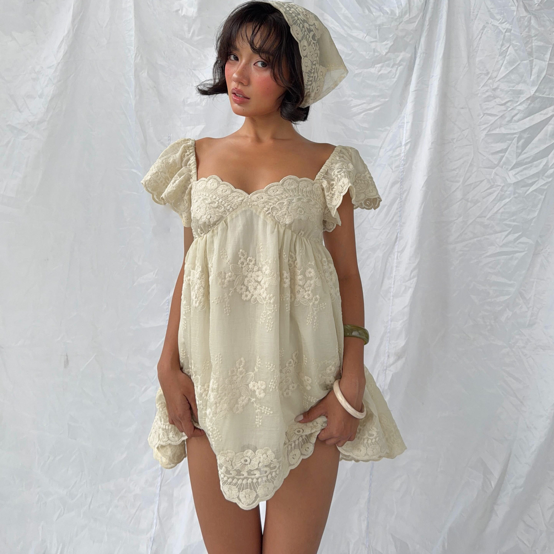 French Vintage Lace Embroidered Dress Loose Fit Puff Sleeves Sweet Aesthetic Summer Fashion for Women Wholesale