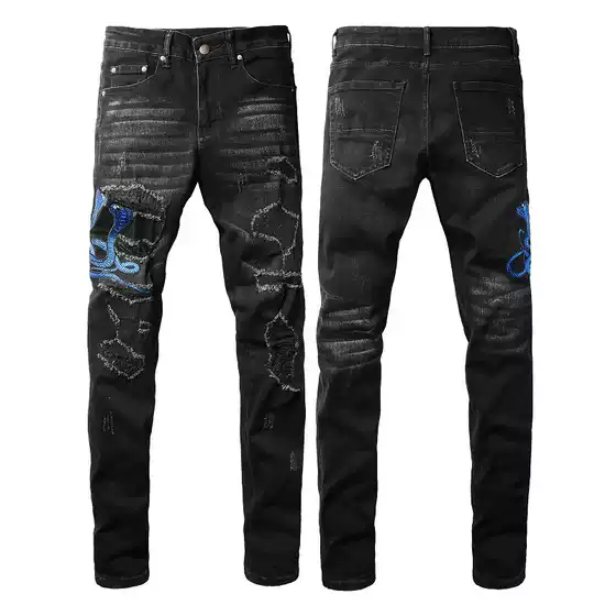 Street Style Cross-Border European and American Men's Jeans with Embroidered Snake Design, Slim-Fit Men's Pants with Snake Pattern