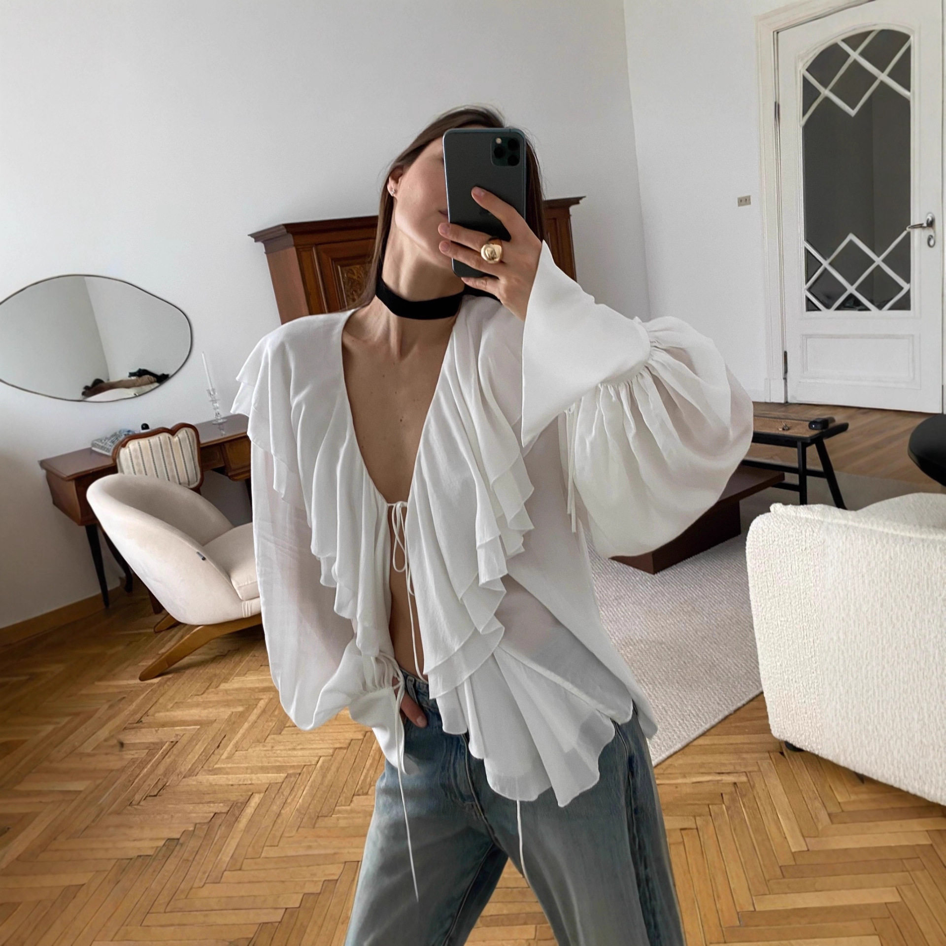 Chiffon Cardigan Top Ruffled Hem Lantern Sleeves Stylish Elegant Autumn Fashion for Women Wholesale Available