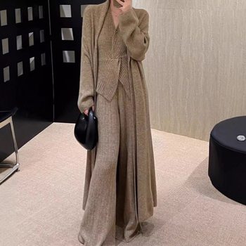 Cross-Border Old Money Style Knitted Suit for Women Autumn and Winter New V-Neck Vest Long Cardigan Straight Wide-Leg Pants Three-Piece Set