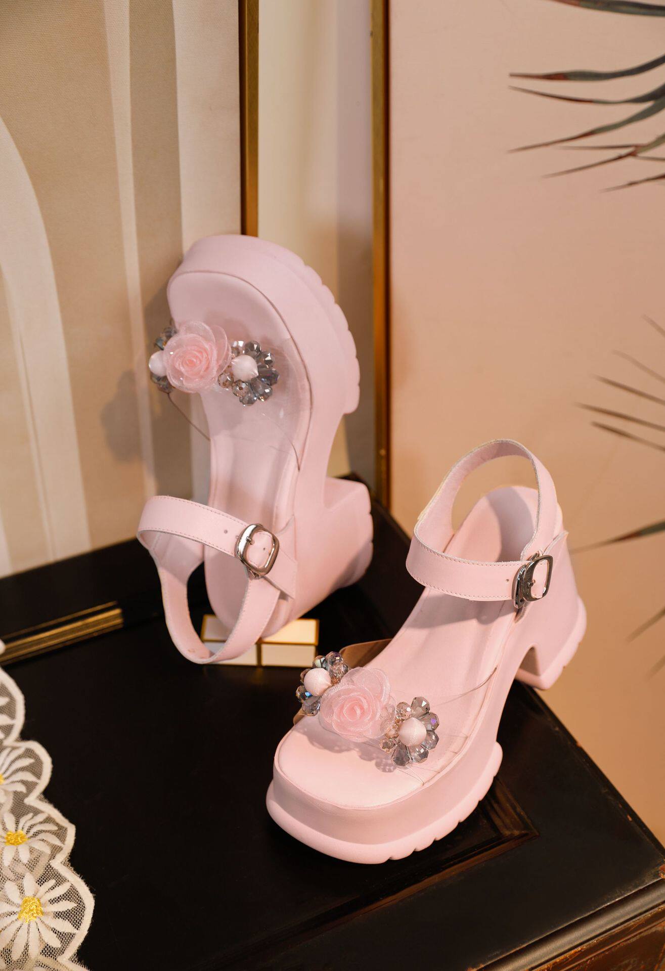Sandal hở mũi nữ quai ngang gót thấp thanh lịch — [Đen], [Hồng] chi tiết 16