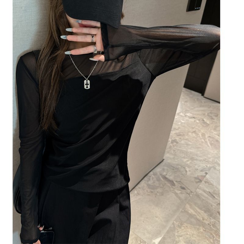 Mesh Long Sleeve T Shirt Slim Fit Round Neck Color Block Design Casual Wear Versatile Top Wholesale Available
