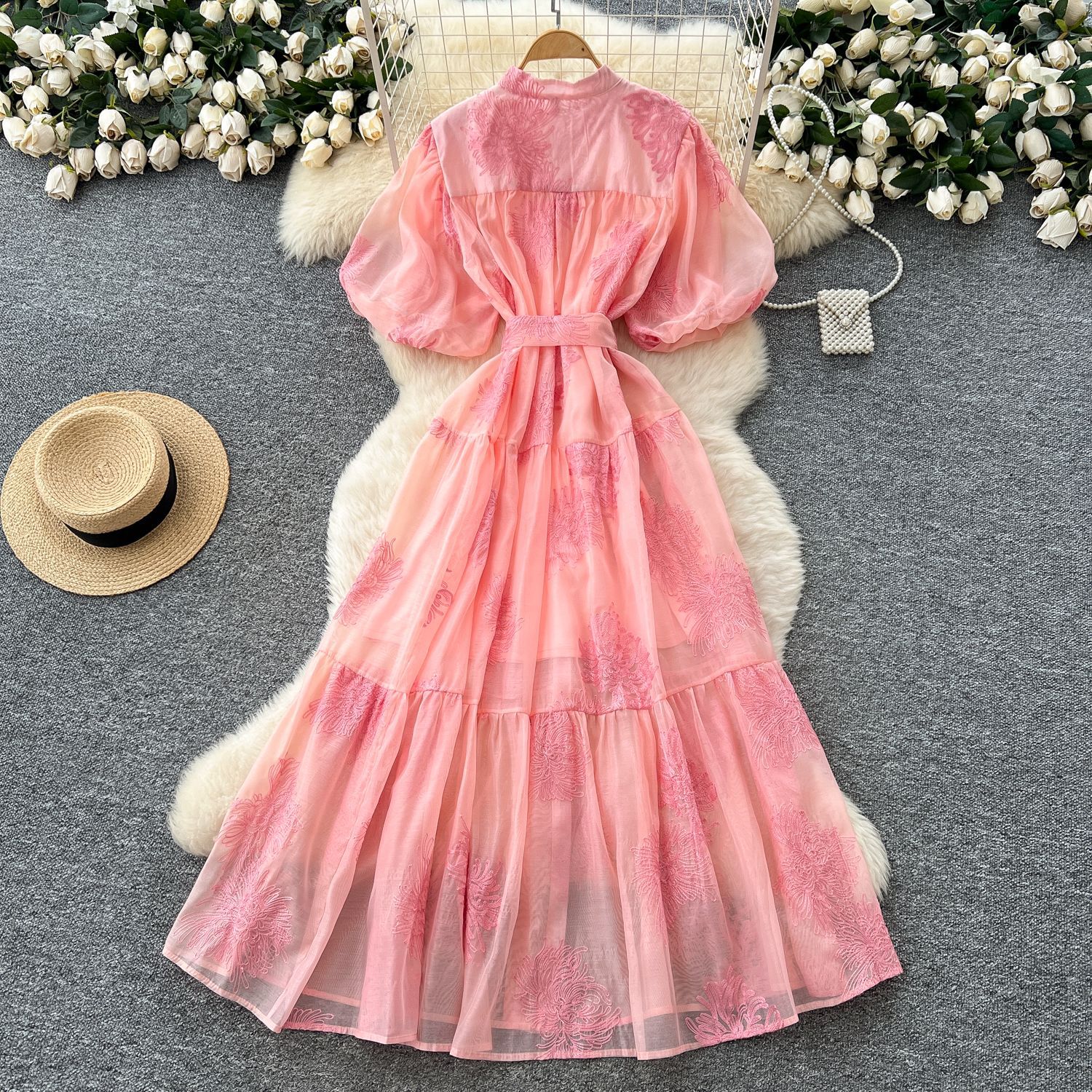 Embroidered Puff Sleeve Maxi Dress for Women Summer Fashion Elegant Fit and Flare Available in Multiple Colors and Sizes
