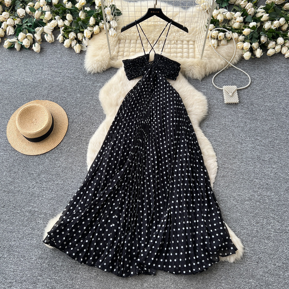 French Polka Dot Maxi Dress Sexy Backless V Neck Waist Defining Elegant Style Perfect for Evening Events