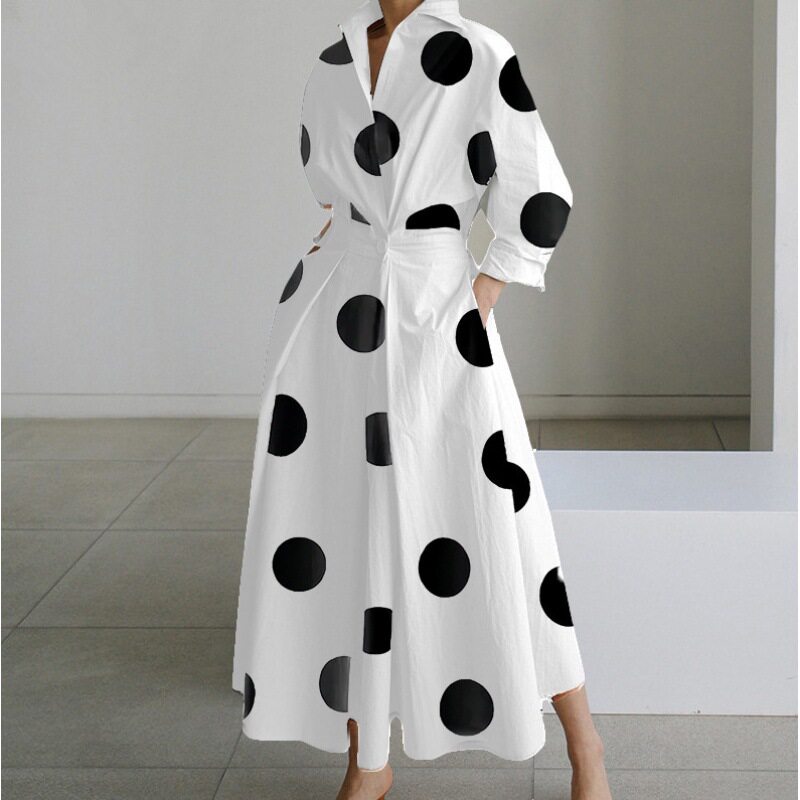 Plus Size Fashionable Polo Collar Dress Loose Fit Three Quarter Sleeves Flared Hem Ideal for Commuting Wholesale