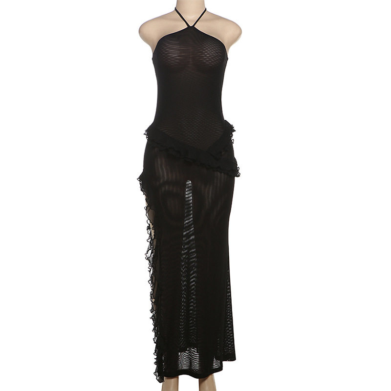 Summer Womens Dress Sexy Halter Neck Ruffled Trim Side Slit Design Perfect for Parties and Casual Outings