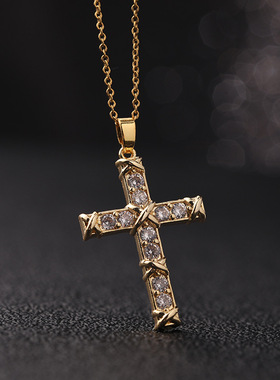 跨境亚马逊小众项饰设计微镶锆石铜镀真金个性十字架吊坠项链饰品