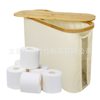 Cross-border bamboo cover toilet roll paper storage basket paper towel sundries storage basket with lid dustproof bottom non-slip foot pad