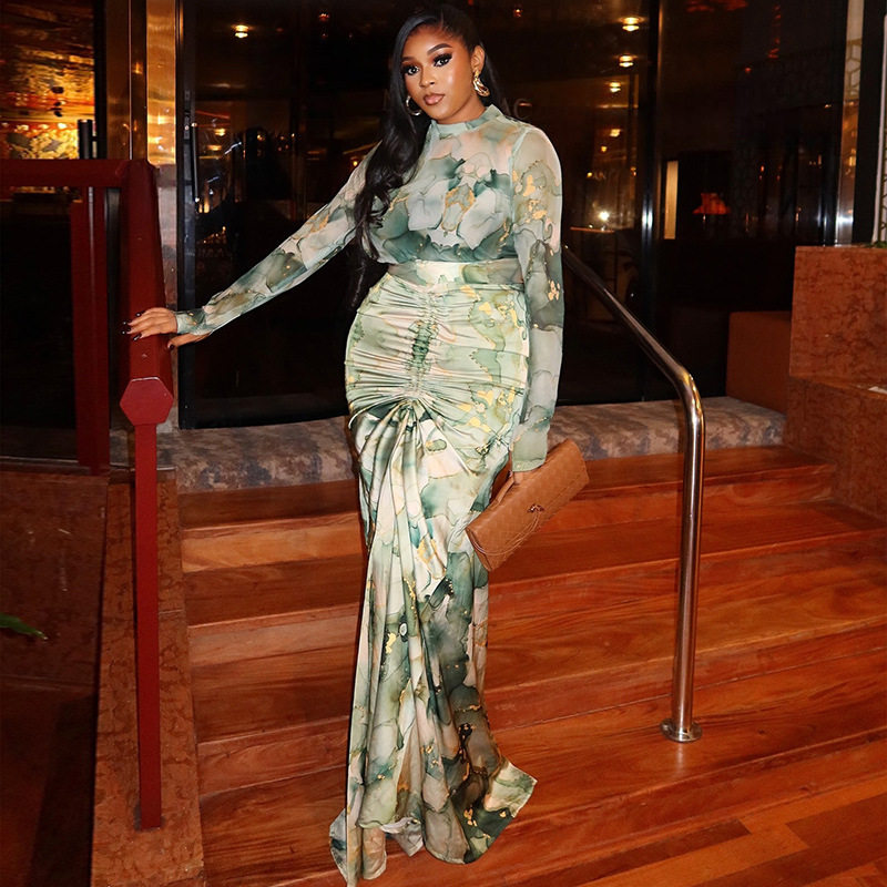 European and American-style Cross-border Printed Waist-wrapped Slim Dress suit Pleated Long Dress High Collar Fashion Two-piece Casual Commuter Women's Clothing