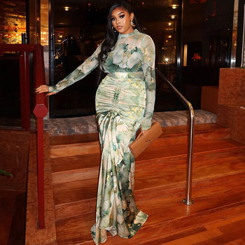 European and American-style Cross-border Printed Waist-wrapped Slim Dress suit Pleated Long Dress High Collar Fashion Two-piece Casual Commuter Women's Clothing