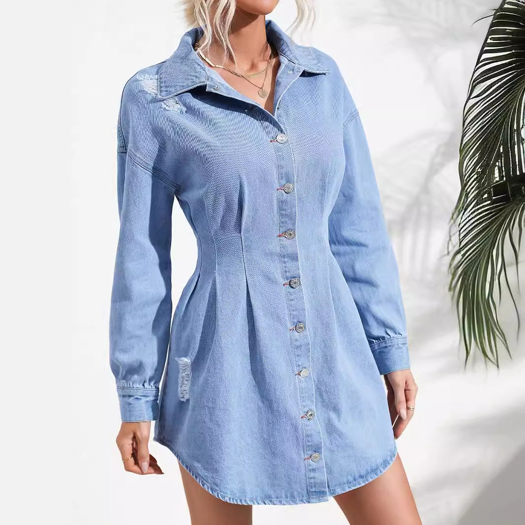 Womens Long Sleeve Denim Dress Slim Fit Waist Defining Casual Style Perfect for Spring and Summer Wholesale