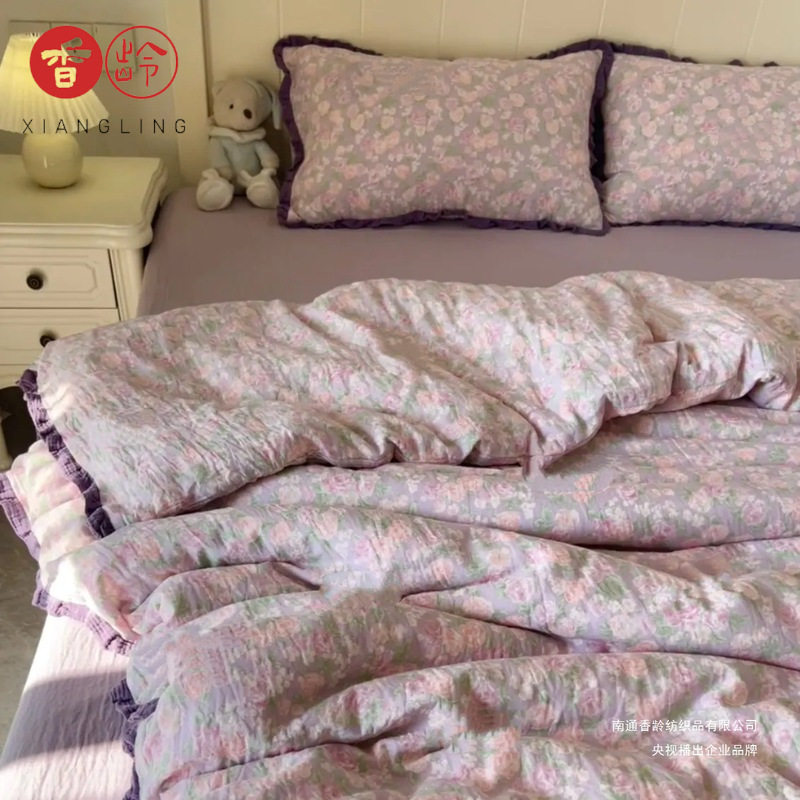 French-Style All-Cotton Double-Layer Gauze Ruffle Four-Piece Set, Class a Maternal and Infant Pure Cotton Gauze Student Dormitory Three-Piece Set Wholesale