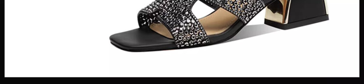 Sandal nữ quai ngang gót vuông đính đá lấp lánh phong cách dịu dàng đi chơi mùa hè — Màu đen, Màu trắng be