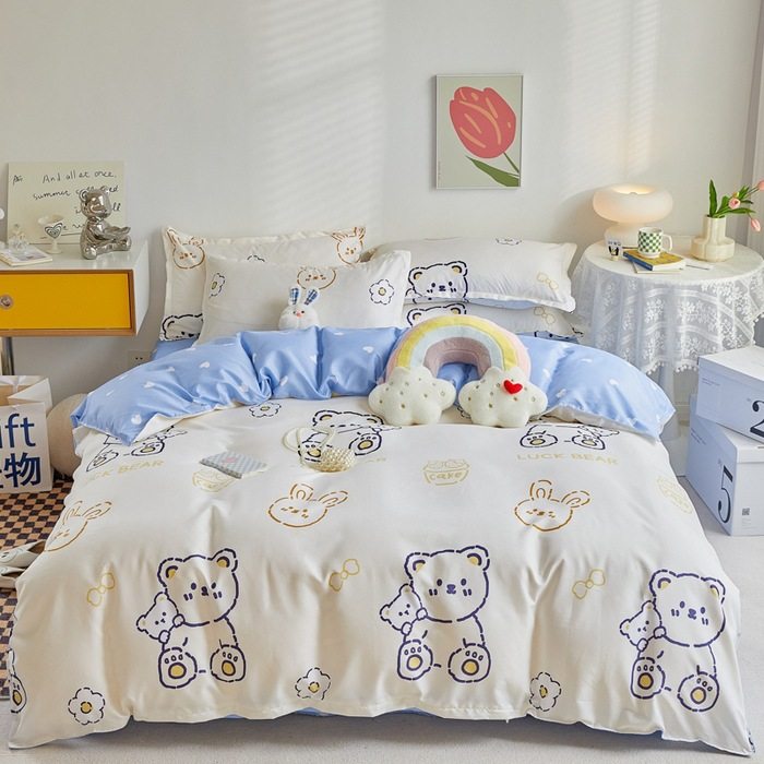 Cross-border foreign trade student bedding dormitory three-piece set four-season cartoon aloe vera cotton four-piece set kit