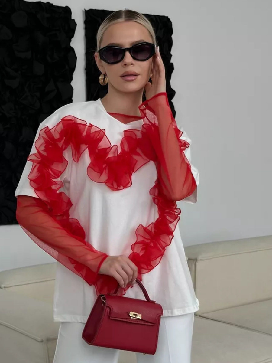 Womens Ruffled Heart Design T Shirt Soft Cotton Loose Fit Round Neck Stylish Layered Look Casual Wear Wholesale