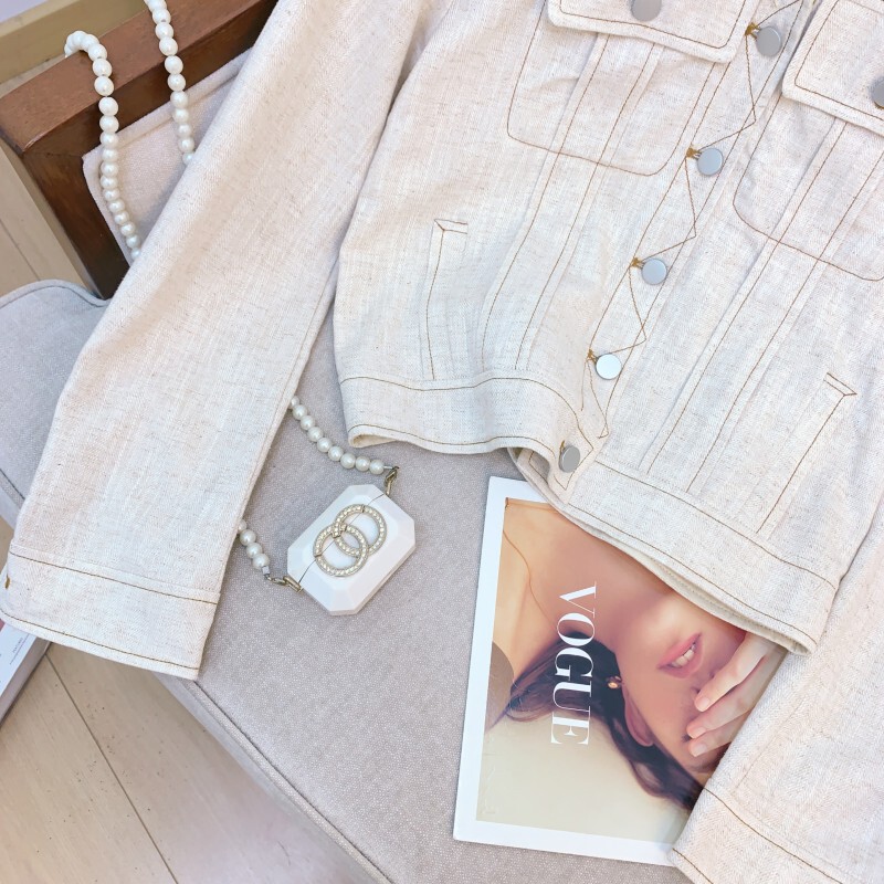 Áo khoác denim nữ dáng ngắn chất liệu vải lanh phong cách thanh lịch — Màu be nhạt