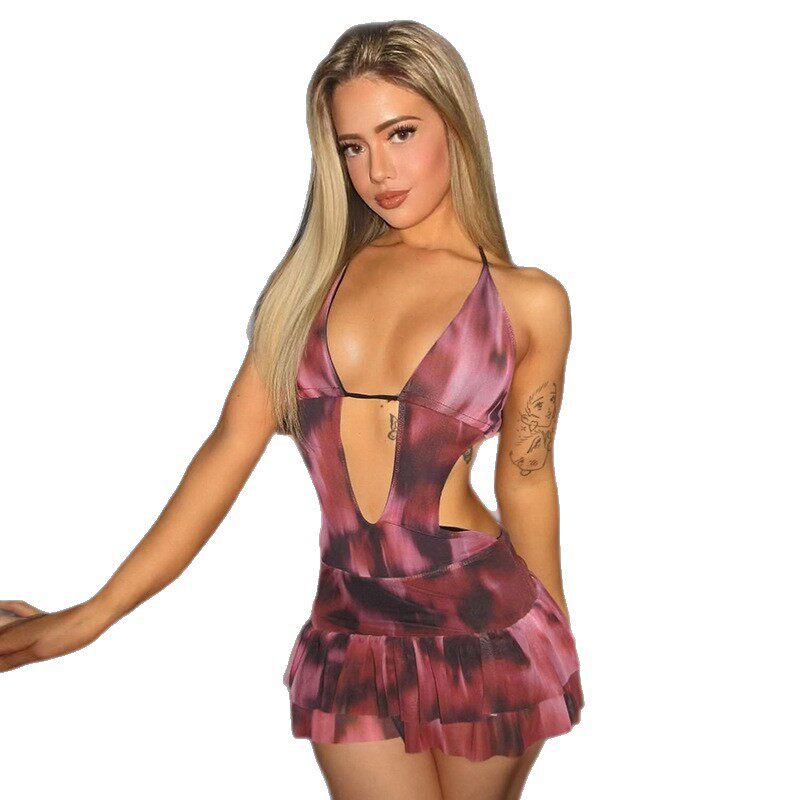 Backless Floral Print Halter Neck Mini Dress Slim Fit Cake Style Fresh Design Perfect for Vacation Wholesale