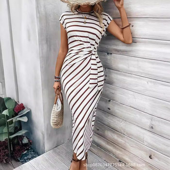 Cross-border Elegant Waist Strap Stripesd Round Neck Short-sleeved Long Dress Summer Women's High-end Women's Skirt