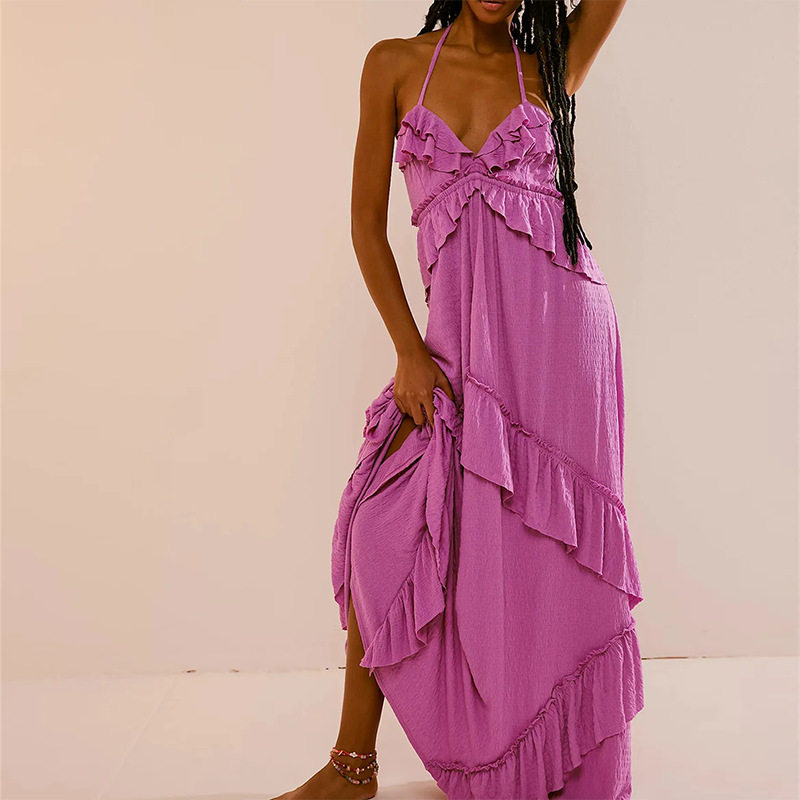 Summer Womens Dress Casual Loose Fit Solid Color Spaghetti Strap Vacation Style Wholesale Available