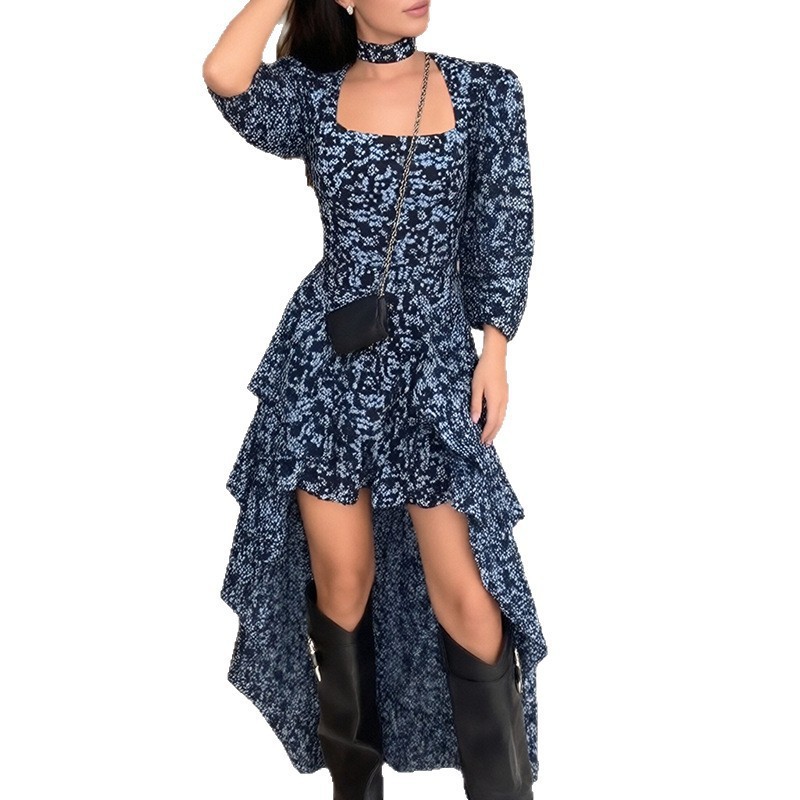 Elegant Floral Print Irregular Hem Dress Waist Defining Spring Collection Womens Fashion Wholesale Available