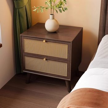 New Chinese Style Solid Wood Bedside Table Rattan Solid Wood Black Walnut Color Bedroom Bedside Storage Locker Double Drawer Home