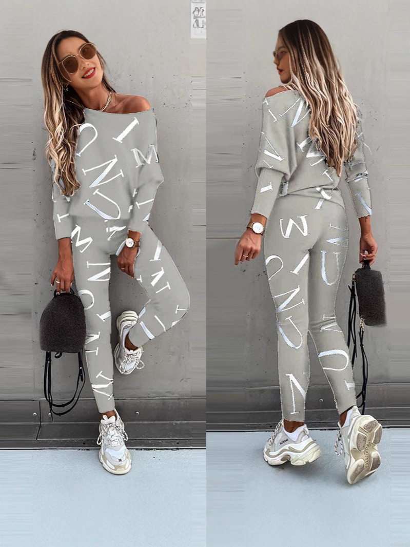 2025 Autumn New Amazon Hot European and American Clothing Letter Printed Long Sleeve Trousers Casual Suit