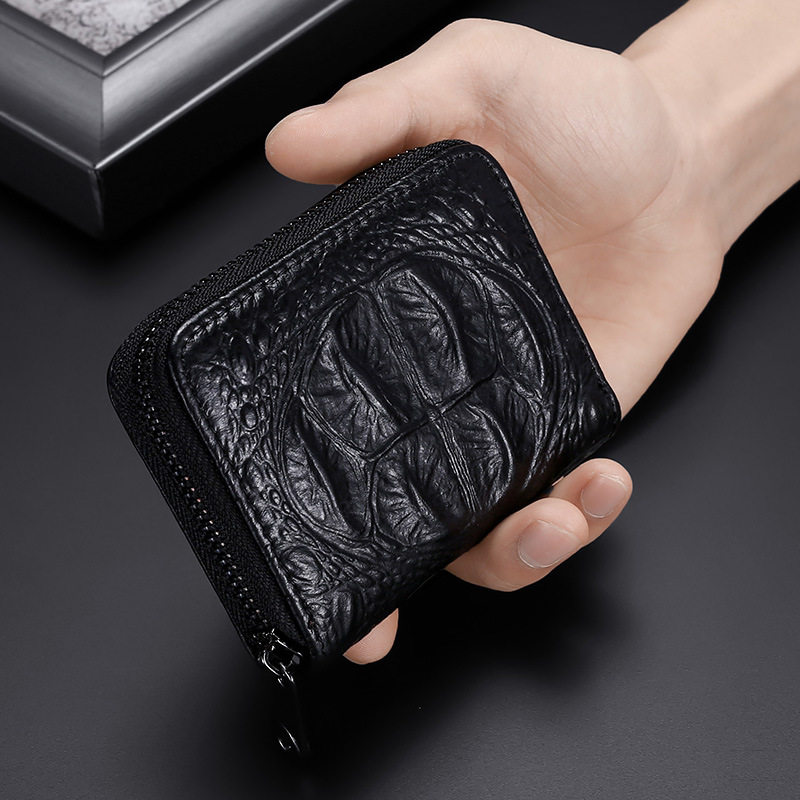 Top Layer Cowhide Organ Card Holder Crocodile Pattern Women's Card Holder Men's Card Bag Multifunctional Zipper Small Wallet Anti-Magnetic