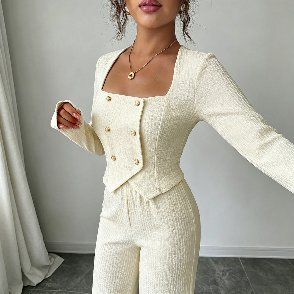 Double Breasted Square Neck Top and Wide Leg Pants Set Tailored Fit Elegant Style Perfect for Office Wear Wholesale