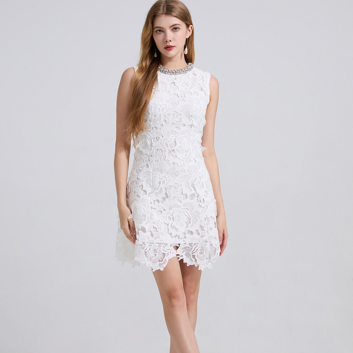 Elegant Sleeveless A Line Dress Embellished with Rhinestones Lace Hollow Design Fitted Waist Summer Cocktail or
