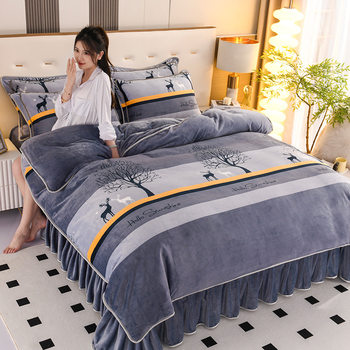 Warm and Thickened Milk Velvet Four-Piece Bed Skirt Plus Velvet Single Three-Piece Flannel Bed Sheets and Quilt Cover Wholesale