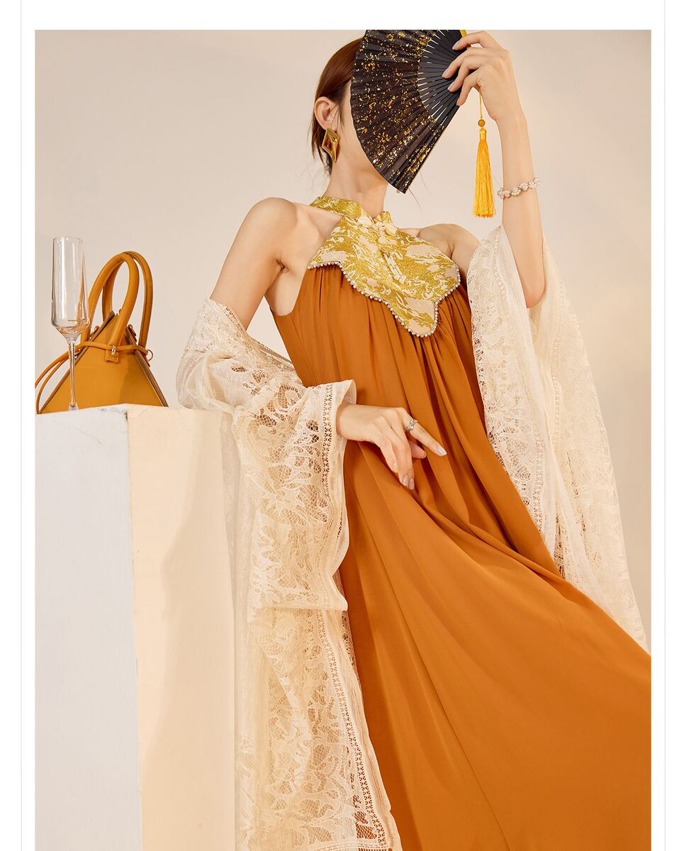 Đầm dài cổ đứng thêu họa tiết thanh lịch cho nữ — Màu mơ mây (cấp ngay trong ngày), Màu mơ mây (giao hàng trong 7 ngày), Terracotta Orange (Giao hàng trong 7 ngày)