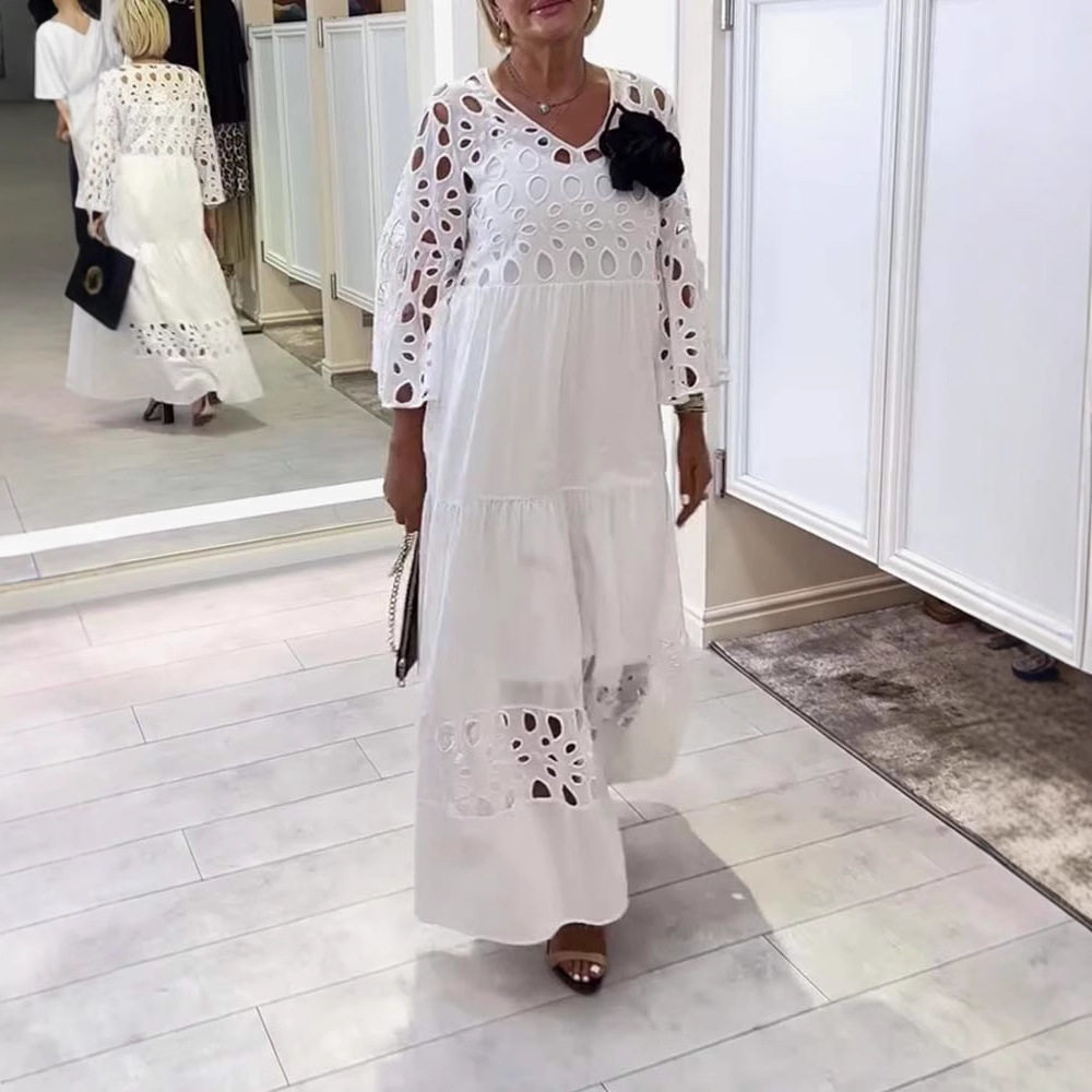 Elegant Lace Hollow Out Maxi Dress Loose Fit V Neck Fashionable Style Perfect for Summer Events Wholesale Available