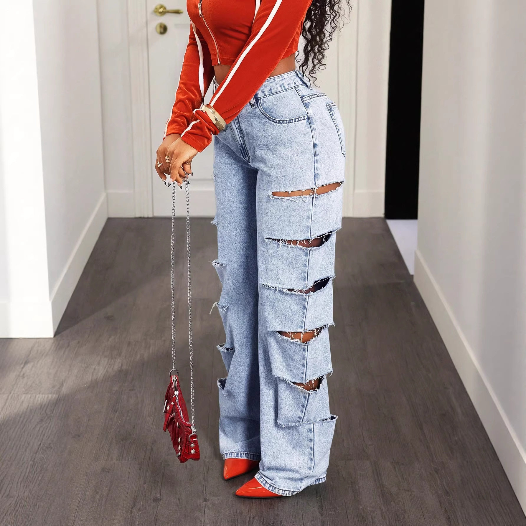 Wide Leg Denim Jeans Fashionable Loose Fit Hollow Out Design Versatile Style Casual Wear for Women Wholesale
