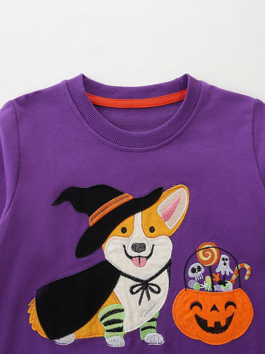 New Autumn Girls' Hoodie, Halloween Cartoon Patch Design, Children's Long-Sleeve Pullover