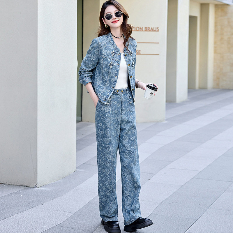 Set Bộ Quần &Aacute;o Nữ In Họa Tiết Quần Ống Rộng Phong C&aacute;ch Thời Trang M&agrave;u Xanh Denim