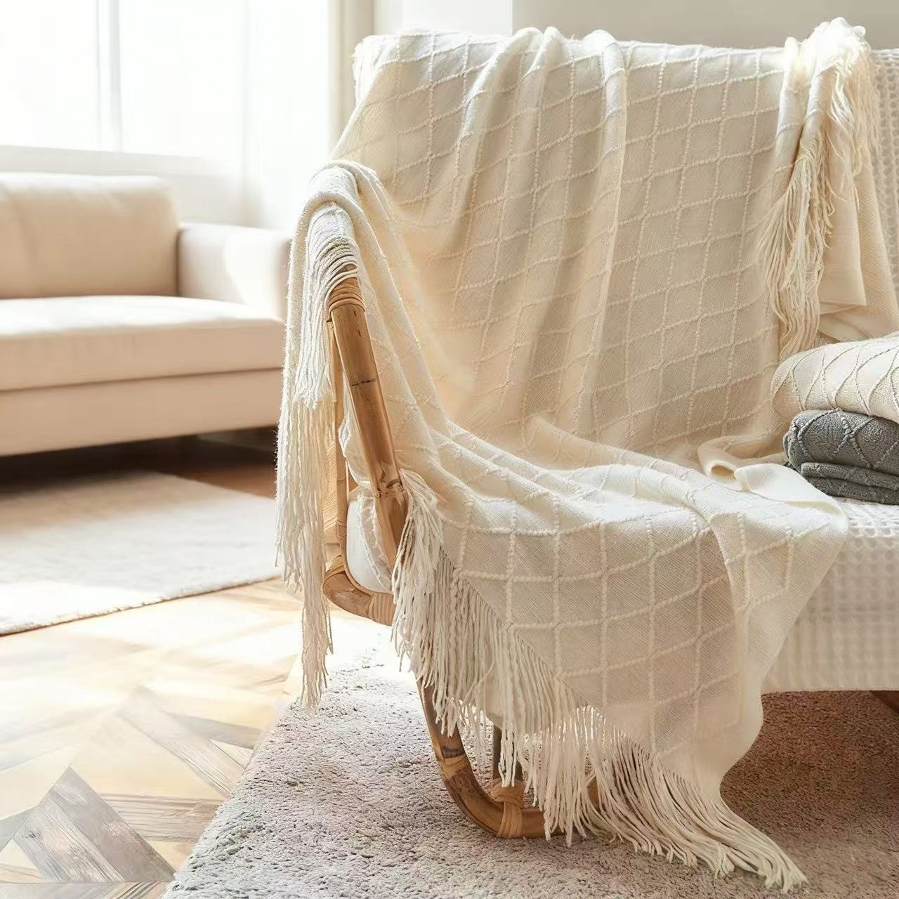 Nordic Retro Quilted Wool Tassel Air-Conditioning Blanket Bay Window Blanket Knitted Sofa Blanket Bedside Towel Nap Blanket
