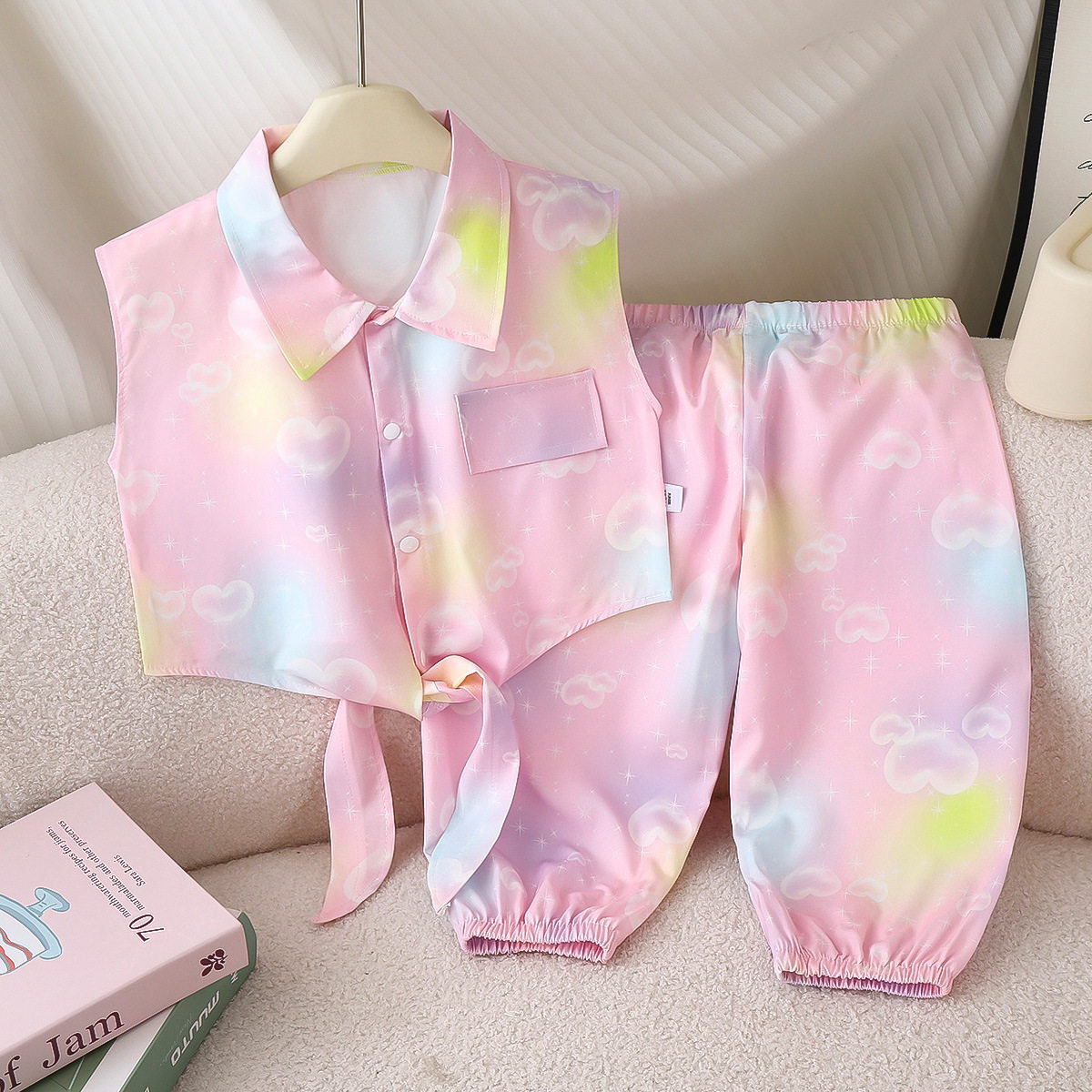 Nuovo set canotta fresca stampata bambine, estivo carino stile pastorale outfit pantaloni anti-zanzare rinfrescante